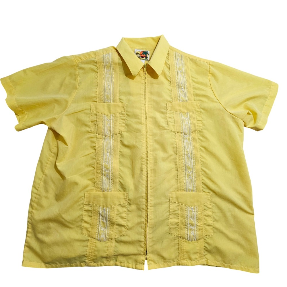 Haband Vintage Guayabera Shirt Mens 2XL Yellow Zip Embroidered Short Sleeve 190*